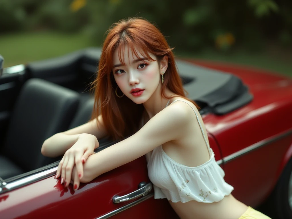 ( detailed realistic background:1),
( official art, beautiful and aesthetic:1 ),
realistic lighting,
cinematic lighting,
hyperrealism,
soothing tones,
muted colors,
high contrast,
soft light,
sharp,
artistic photoshoot,
( cute, petite),
slender,
european,
pale cheeks,
square face shape with angular jaw,
natural "no-makeup" makeup,
big breasts,
,
wearing Wearing a Mod Shift Top , Wearing Capri Pants and opaque patterned stockings , , From Above ,
Bare shoulders, Bare neck, <lora:Sexy-Irish:0.8> curly red hair, brown eyes, ,
At a 1950s Car Dealership: Chrome cars, dark-suited salesmen, white showroom floor,