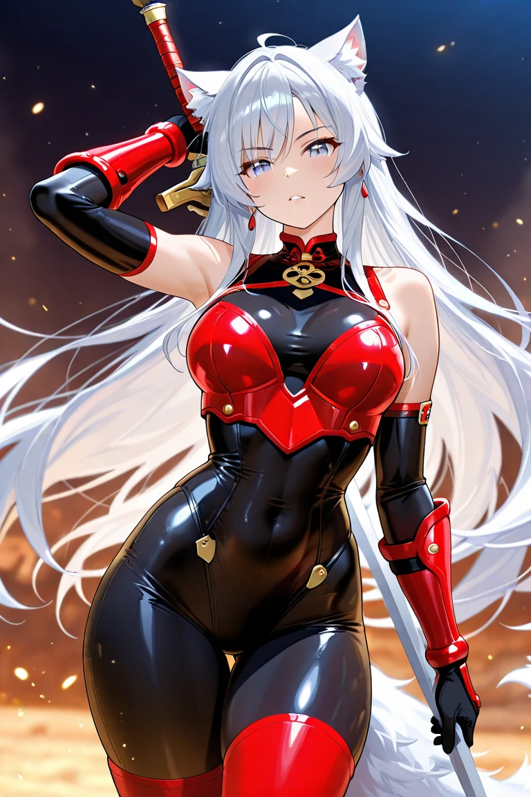 Silver hair, pink eyes, woman, sun and cloud background, red and gold clothes, hair bows, happy face, mermaid outfit, sexy, cat ears, hearts, floating hearts, thigh up, thigh high tights