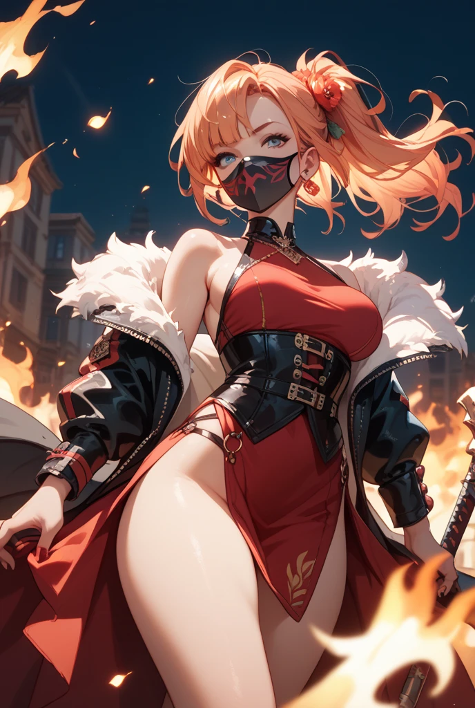 top-quality、Top image quality、​masterpiece、girl with((18year old、Blue navel tank top、Black short skirt、White hoodie、Best Bust、Bust 90、Blonde Away Tail、Red Eyes、open chest wide、Valley、Happiness、A slender、ssmile、Red Face Paint、Black scarf、Reflecting the whole body、claw pose、)）hiquality、Beautiful Art、Background with((nightcity))、masutepiece、Elaborate design、visualart、
