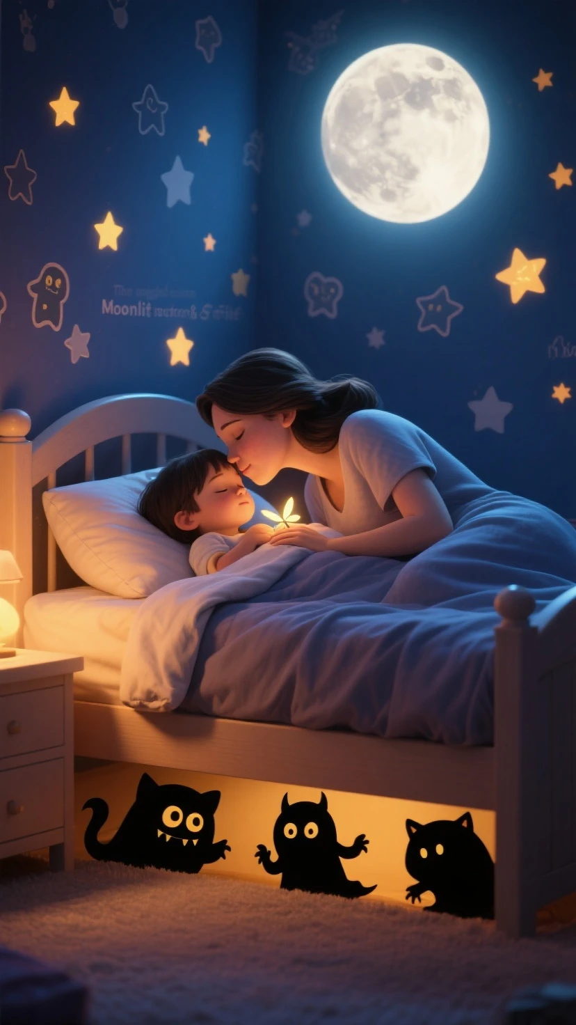 Mom tells story to a boy ??? in the bed