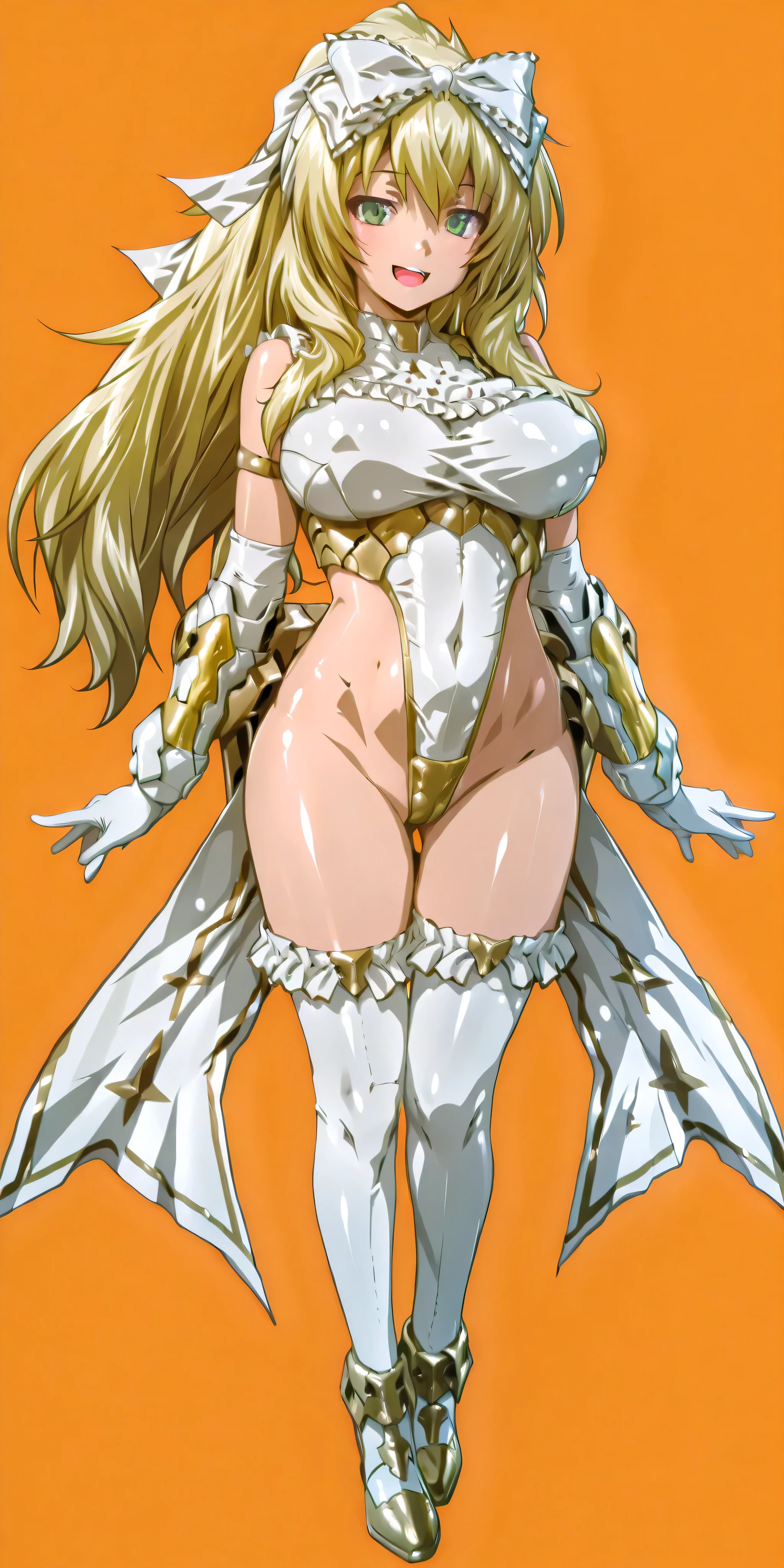 Daggar-II、fag、(glad:1.3)、kind smile、open your mouth,green eyes,blonde long hair、big breasts、((anime coloring))、(super highleg)、full body、
(masterpiece,Highest Quality)、white head ribbon、 frill、T-back Armor、 white long gloves、white thigh high socks、wrist armor