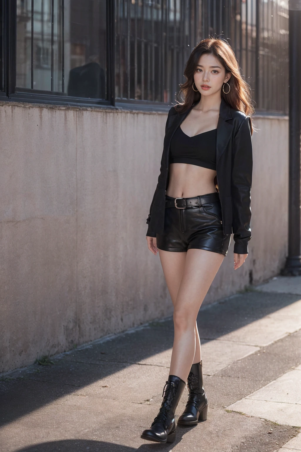 Highest quality、16K,　Ultra high definition、8K、masterpiece、(CANON R5, F1.8, ISO100, 45MP,1/4000)、One Girl、solo、27 age、jk、High school girls、Medium Long Hair、bangs、Brown Hair、Double eyelids、Long eyelashes、Lower lashes、Brown eyes、Watching the audience、Wearing a uniform、White shirt、Navy blue blazer、Green neck ribbon、Unbutton your shirt 1:2、A glimpse of her pink bra、Navy blue and white checked pleated skirt、A miniskirt that barely covers the top of the thighs、Thin arms、Long, slender legs、Navy blue socks、Black loafer shoes、Coming down the hill、Full Body Shot、Looking down at me with a provocative gaze、proportionated body, [The character is surrounded by mist, evoking a mysterious and eerie atmosphere. The lighting is dark and atmospheric, with a red smoke adding a touch of sinister ambiance. best quality image, with a resolution of 8k and HDR enhancement, showcasing the utmost level of detail and realism, sfw, full body shot]. [Best Quality, Masterpiece, Ultra High Resolution, (highly detailed CG unity 8k wallpaper), (best photo), (best shadows), isometric 3D, octane rendering, ray tracing, highly detailed, (Best quality, 8k, high resolution, masterpiece:1.2), absurdity, masterpiece, ultra detailed, (realistic, photorealistic, photorealistic:1.37), complex parts, HDR, (complex parts:1.12), (hyper detailed, hyper realistic, Soft lighting, spicy:1.2), (complex parts, Hyper detailed:1.15). Blurred foreground. (backlit), high quality, brightness, chromatic aberration, 8k uhd, some smoke, shadows, contrast, clear sky, (warm hue, warm tone), high details, natural reflections].