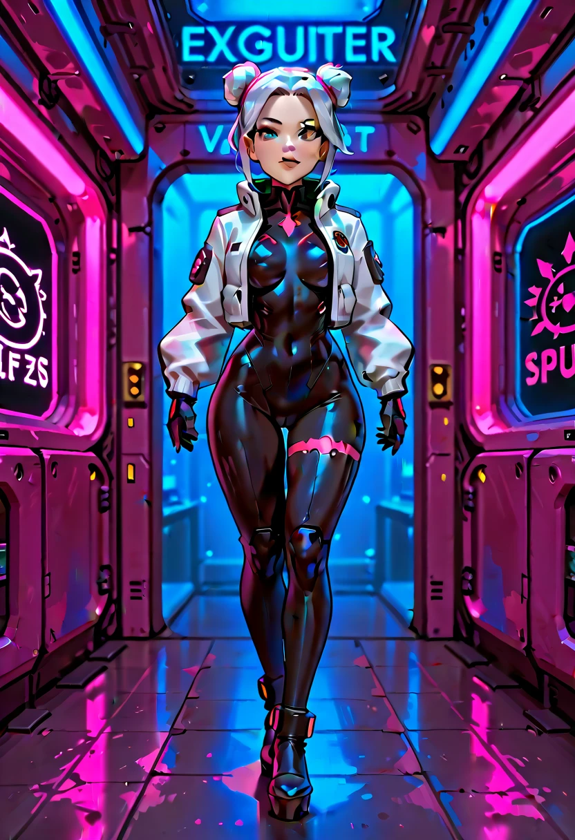 young woman, Dark blue hair, Red eyes, Goth Girl, Wearing a black Venetian, Mecha Girl, Robot Girl, Floating in the air, Robot Woman, Metals in the body, Black iron, In a cyberpunk city, 4K, masterpiece, High resolution, Anime 2D
