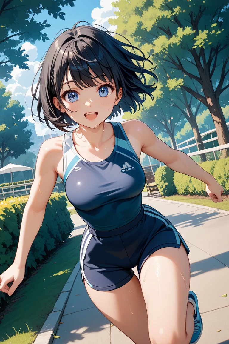 One girl,hair_Navy Blue,short hair,ponytail,Blue Eyes,Blue sportswear,Mouth wide open,A very happy smile,Happy look,Cheerful expression,Sweating,School grounds,blush,Small ,,cute,,flat chest