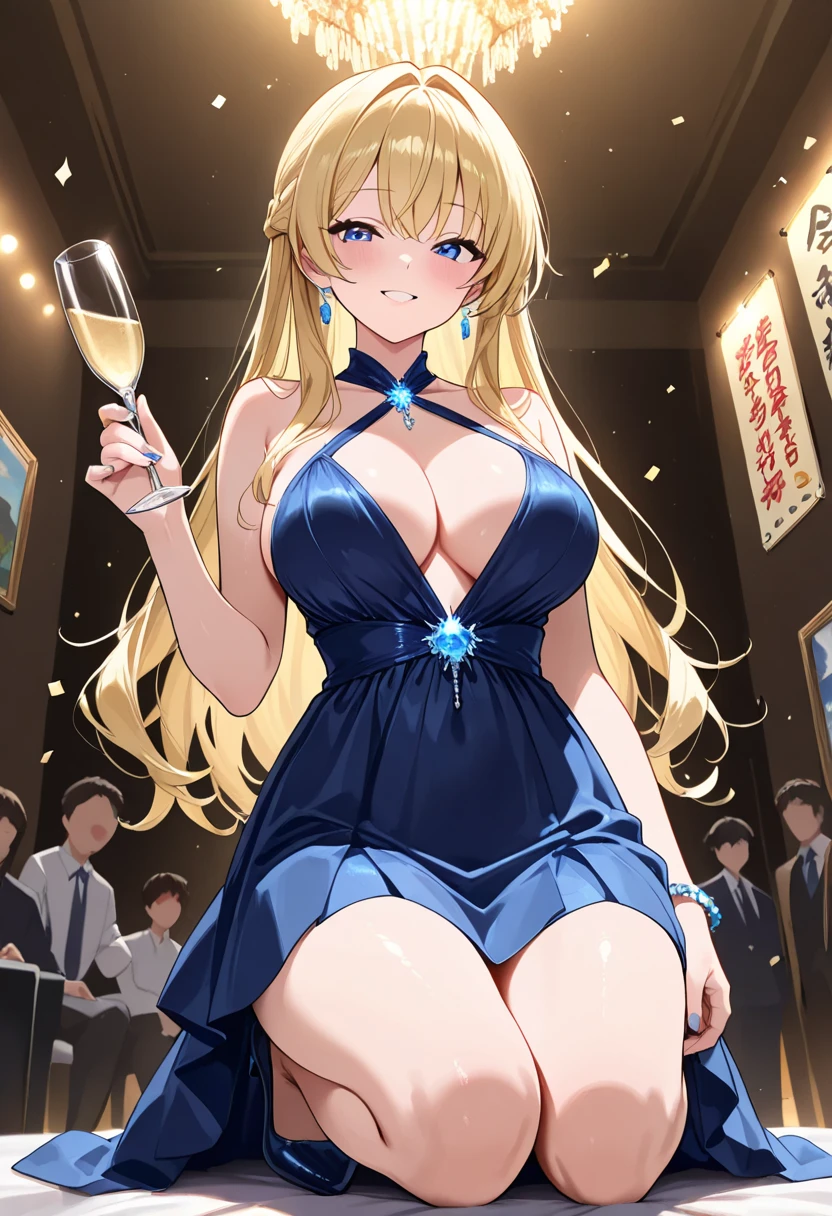 creates a 24-year-old anime girl with a gold-colored gala dress and a miniskirt with wide hips and breasts in a landscape of a luxurious and famous party hall