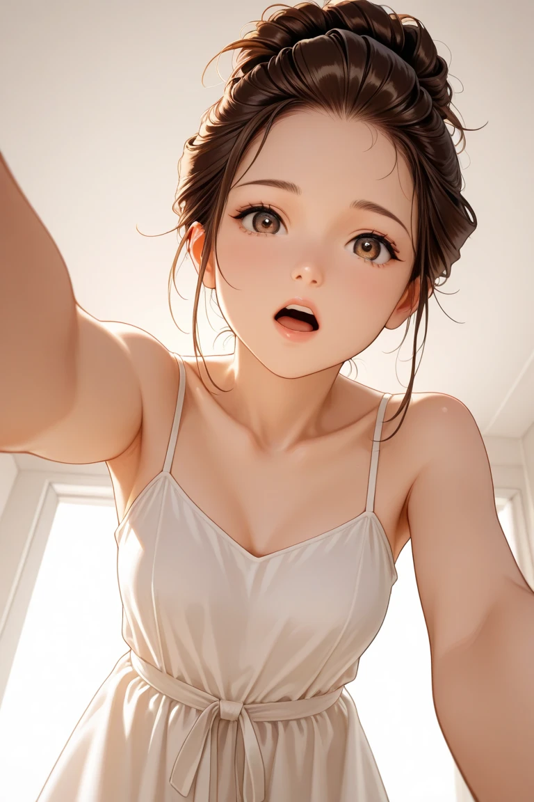 realisticlying、femal、Look up from below with your mouth wide open、Face Zoom、Cleavage emphasis、sit on a bed、sexly、Face Real