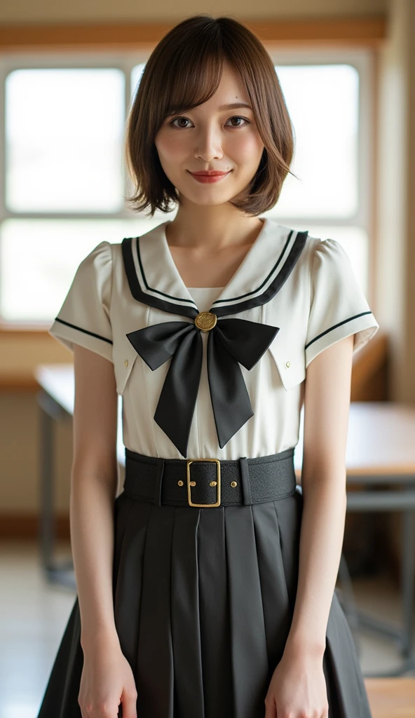 (masterpiece:1.2, Highest quality), (Realistic, photoRealistic:1.4), Beautiful illustrations, (Natural Side Lighting, Cinema Lighting), Written boundary depth, Looking at the audience, (Face Focus, Upper Body), Front view, 1 girl, Japanese, high school girl, 15 years old, Perfect Face, Symmetrical cute face, Glowing Skin, (Bob Hair:1.7,Black Hair), Asymmetrical bangs, Big eyes, Droopy eyes, long eyelashes chest), thin, Beautiful Hair, Beautiful Face, Beautiful and beautiful eyes, Beautiful clavicle, Beautiful body, Beautiful breasts, Beautiful thighs, Beautiful legs, Beautiful fingers, ((Quality fabric texture, brown knit vest, Short sleeve white collar shirt, Navy Pleated Skirt, Navy bow tie)),(((White panties are visible:1.2))) (Beautiful views), evening, (Inside the flower shop), Are standing, (smile, Superior, Open your mouth), (From below:1.5),(Poor visibility:1.5),