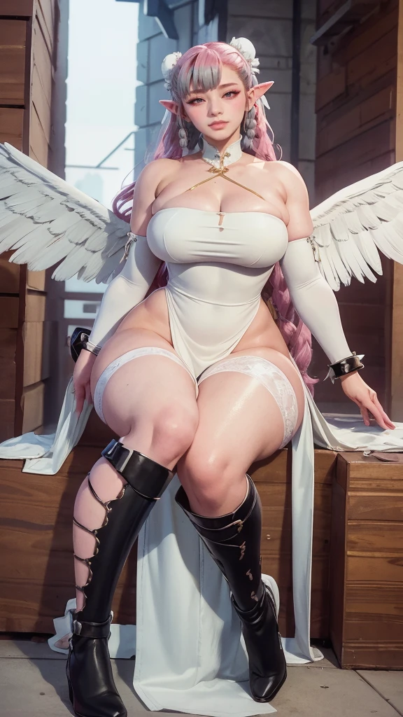 1girl, indoors,  thong,  ( huge breasts,:1.5), narrow waist, wide hips, hip bones, thick thighs, skindentation, slim legs, long legs,     halo, white wings, long sleeves, white dress, sailor collar, capelet, white skirt, black pantyhose, white high heels, <lora:[GP]hz style:1.0> hz (666v),