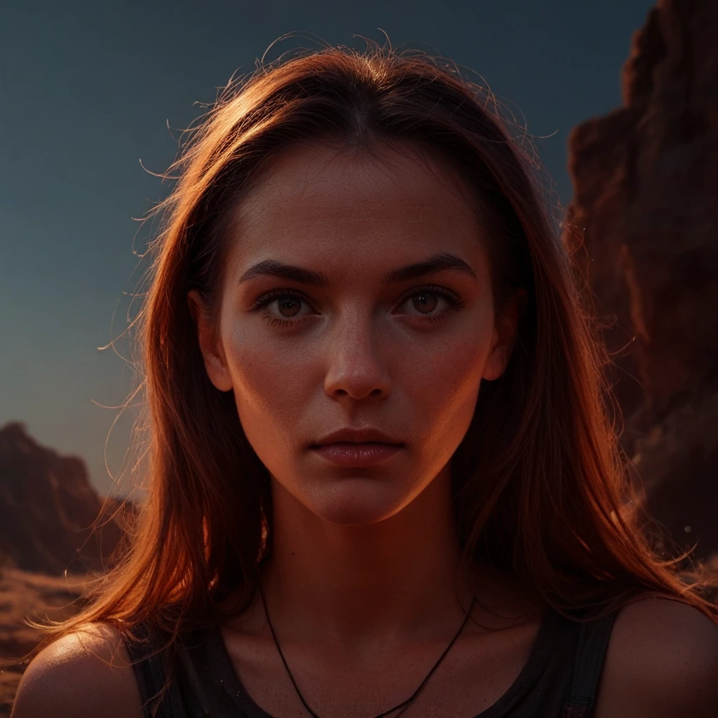 super fine illustration, ultra high resolution, masterpiece, highest quality, perfect lighting, detailed lighting, dramatic shadow, ray tracing, 1 beautiful white girl, solo, looking at viewer, medium breasts, exposed cleavage, beautiful detailed hazel eyes, sharp face, clear eyes, long bang, ((medium curly blond hair:1.2)), ((post-apocalyptic fiction)), ((desert:1.2)), battle suit, military harness, Resident Evil Series, full body,