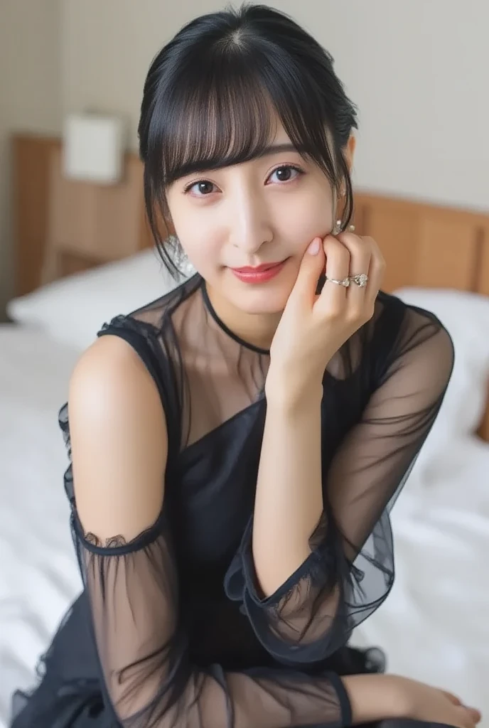 best quality, photorealistic, 8k, high res, 1girl, woman, (professional lighting), (portrait:0.6), (off shoulder dress:1.72), gorgeous, black hair, (short hair:1.2), (1girl eyes looking at viewer:1.4), ((looking at viewer:1.6)), (looking at the camera), photorealistic, (bokeh), (portait:0.6), (dynamic pose:1.2), sfw, (smile:1.6),