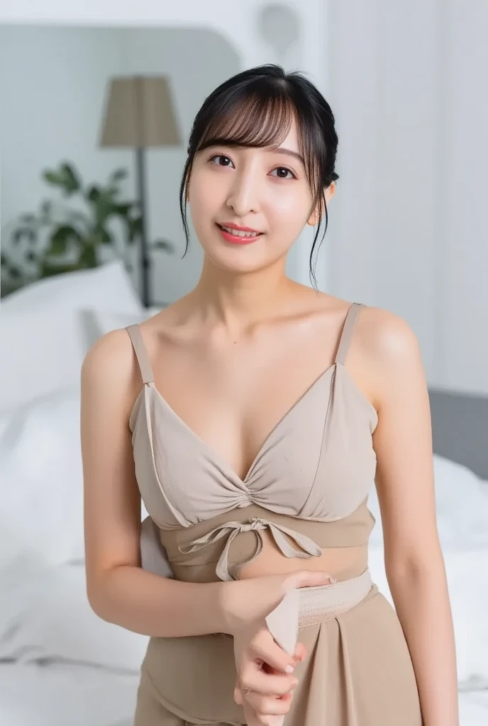 micro bikini、swimsuit、white bikini、dark brown hair, light brown eyes, Japanese actress face, woman, Japanese actress in her 50s,beautiful aunt, (highest quality: 1.4), (ultra high resolution: 1.2), ultra high resolution, (fine eyes), (detailed facial features), HDR, 8K resolution, Terrace in the forest,Plump erotic body、Glamour、larger breasts,glossy lips、 wrapped in a bath towel, long hair,自然なワンレンlong hair,The beauty of slim abs: 1.3,a seductive look, super fine face, delicate eyes, double eyelid, smile, Home、sexy pose、Erotic Poses、It feels like he's clearly inviting me、Pheromones are emitted