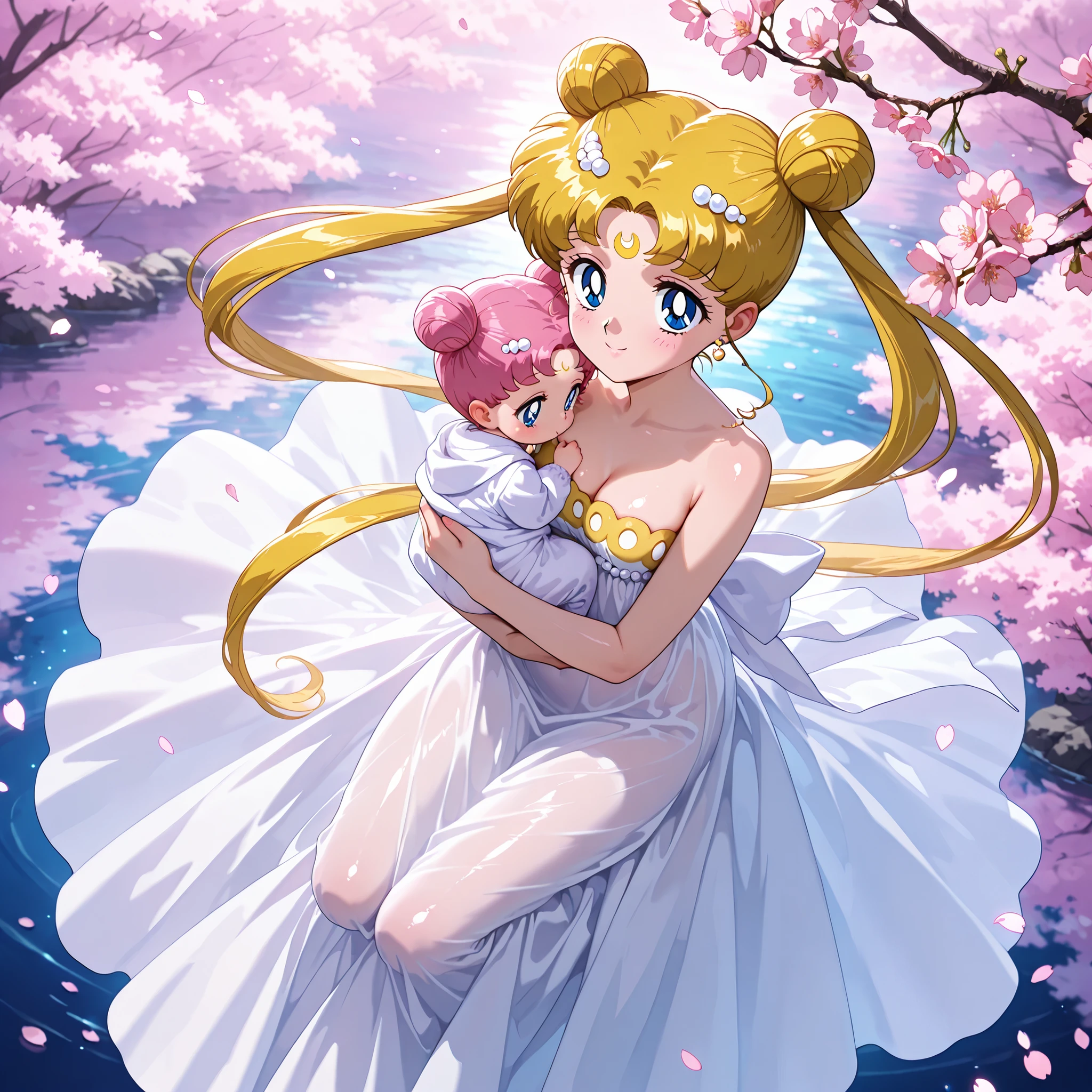 masterpiece, amazing quality, best quality, ultra-detailed, 8K, illustration, clear skin, ultra-detailed-eyes, soft skin, very awa, very as2, shiny skin, shiny hair, soft body, 90's style, official art, usagi tsukino, small breasts, blonde hair, blue eyes, double bun, hair bun, long hair, twintails, parted bangs, forehead mark, earrings, white dress, cleavage, 1girl, new born, baby girl short pink hair, white cherry blossoms, smile, detailed background, black night, holding baby, Smile, full body