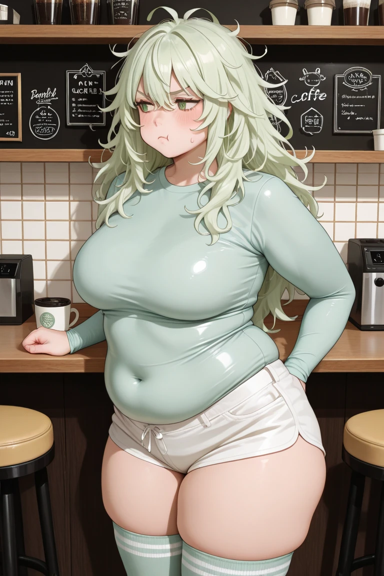 beautiful Dark-skinned woman, Tall, curvy, wide hips, thick thighs, with green Long wavy hair, beautiful Blue eyes, large breasts, solo, Colorblock knit hoodie that is pink, Walking with hands clasped behind back, indoors, upper body shot, envious expression