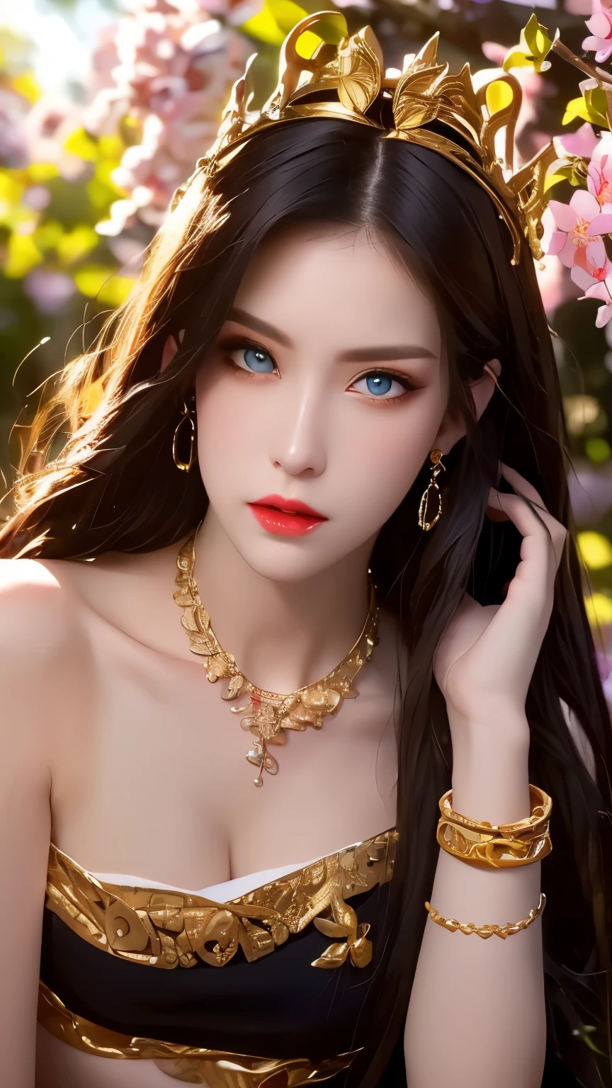 One 20 year old girl, breast 1.1, navel,upper body,bare shoulders,wears tube top,red skirt, blue gems,shiny skin,hand in own hair,(mature female),milf, medusa, deep blue eyes, detailed eyes, jet black long hair, 8k resolution high quality,
background: around the garden surrounded by Sakura trees with fluttering sakura petals, from head to thighs, hourglass figure, bare round shoulders, exposed midriff, a tilak on her forehead,ornamental logo on her forehead, snake crown, necklace, earings with blue gem, long black hair bangs, pointy ears,golden bracelet,Bright lightening under the sun through sakura canopy. High quality 16k resolution,( HDR :1.5), cinematic look, ultra-detailed,ultra lightening, (photorealistic :1.2), long thin straight eyelashes, dense black eyelashes,sharp eyes, diamond shaped head, straight nose, small closed heart shaped lips,sexy, hot, (masterpiece:1.5), (intricate details: 1.3)