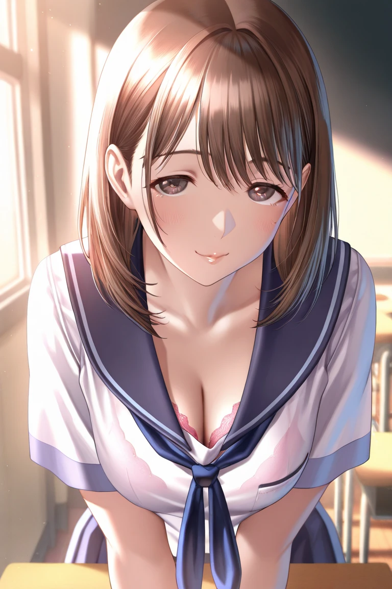 8K quality、High resolution、Man and woman in love、A man presses his penis against a woman from behind、Sexする、Beautiful fair skin texture、High resolutionの瞳、Japanese high school girls、Summer uniform、Open-neck short-sleeved white shirt、Cleavage、mini skirt、Brown Princess Hair、、Small breasts、Sweat accumulates in the chest、classroom、、Sex