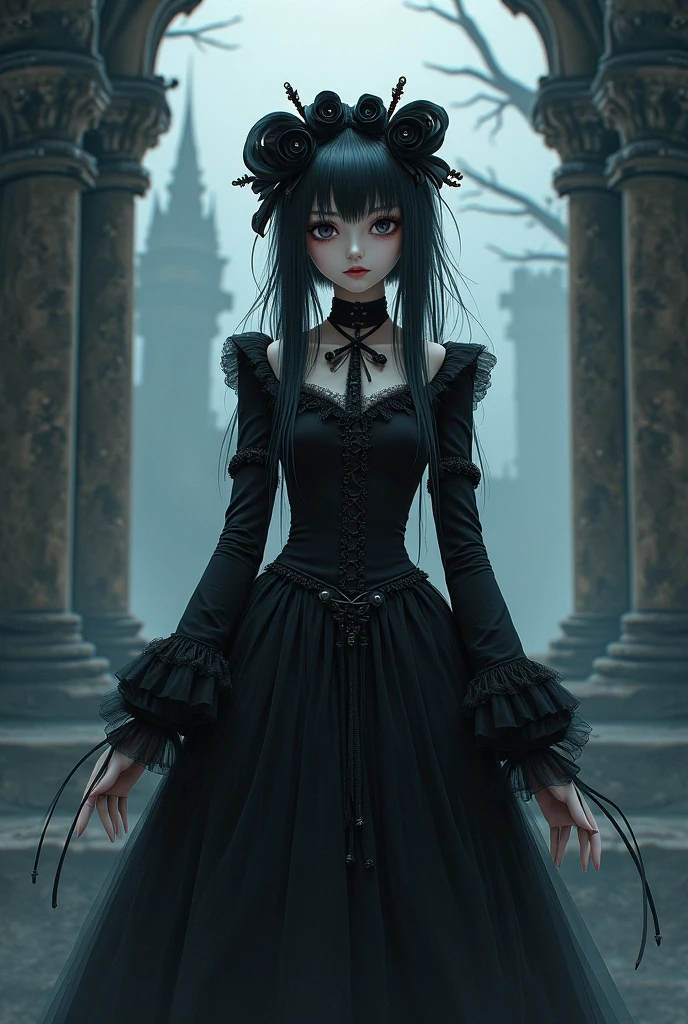 A true portrayal of a Goth girl, Wearing studded clothing. She wore striking black eye makeup, Emphasize the depth and intensity of her gaze. Her outfits, A fusion of elegance and avant-garde, Made of lace and leather, Metal rivet embellishment，Add a touch of rebellion. her hair, Maybe contrast or dyed dark, Outline a face full of mystery and charm. background, dim, Complementing the Gothic Aesthetic, Making her a modern embodiment of Gothic beauty,