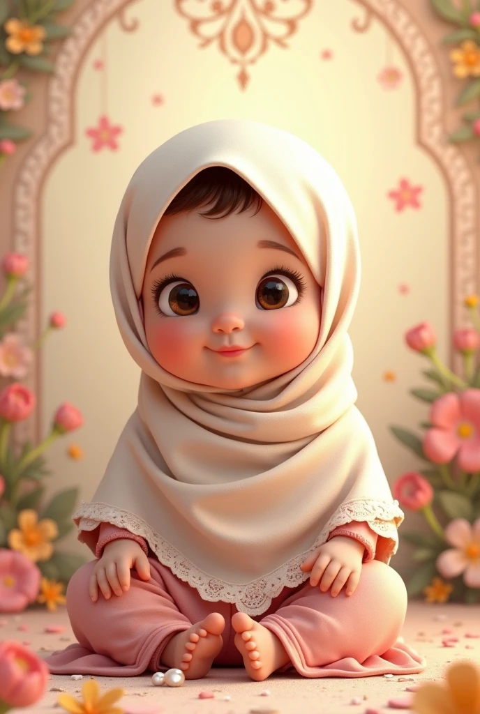 a picture of a baby girl ultra realistic,16k, enhanced quality, perfect face, perfect hands, perfect body, ultra detailed,1 baby girl, perfect hair, perfect smile, ultra realistic, ultra realistic background, ultra realistic sunset, ultra realistic clouds, standing in a garden of flowers, baby girl look at viewer, ultra realistic glowing butterfly, baby girl wearing perfect hijab, ultra realistic particles, perfect duck lips, Islamic hijab,