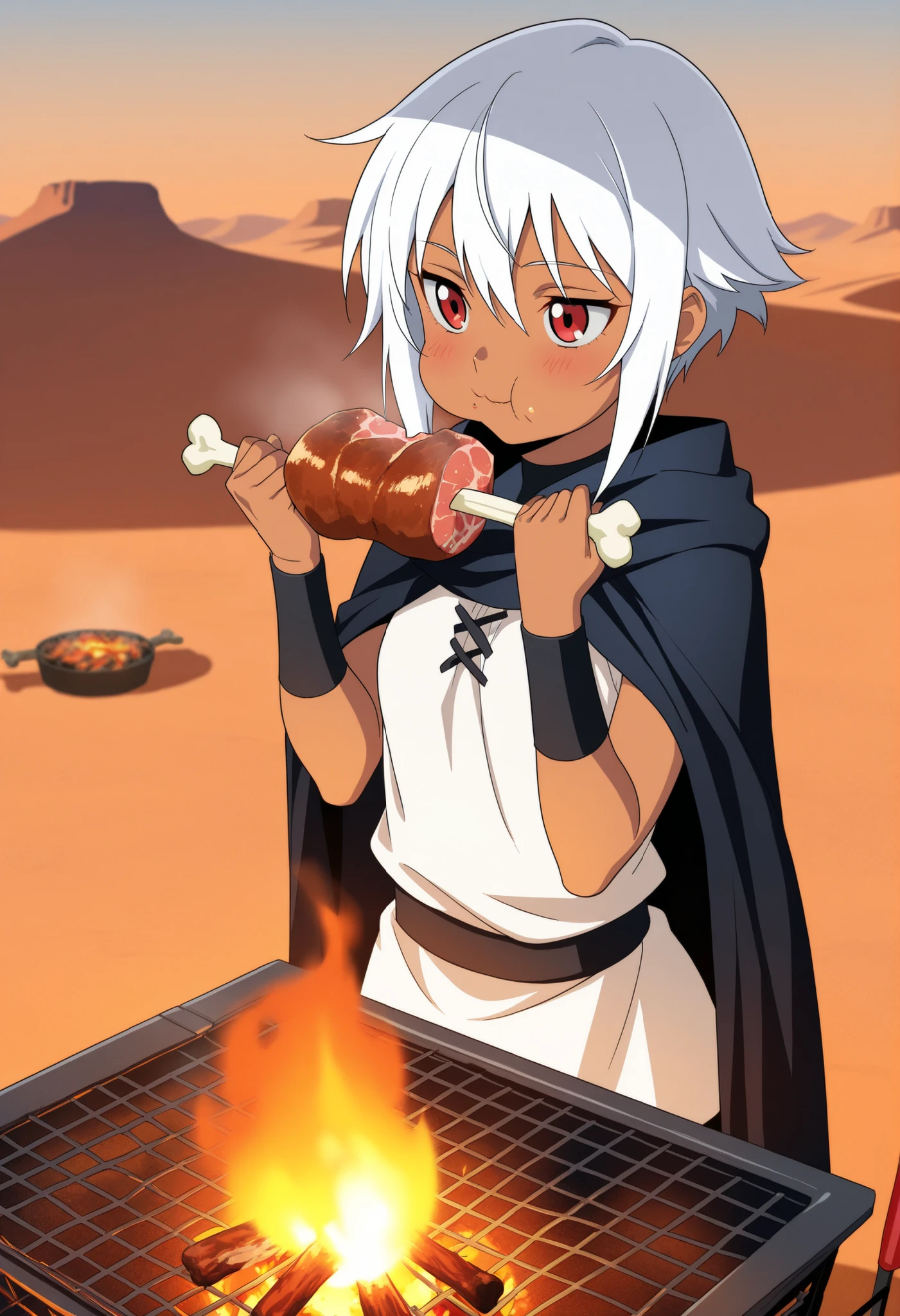 masterpiece, Best Quality, Very detailed, anime style , source_anime ,1girl, short,young,short hair, white hair, boyish, brown skin, red eyes, emotionless expression,blush,small breast ,A simple cape, wearing simple Adventurer's clothing,with a sword on her waist, Eating delicious skewered meat, puffy cheeks, realistic skewered meat, desert, bonfire, barbecue, grilling delicious skewered meat,