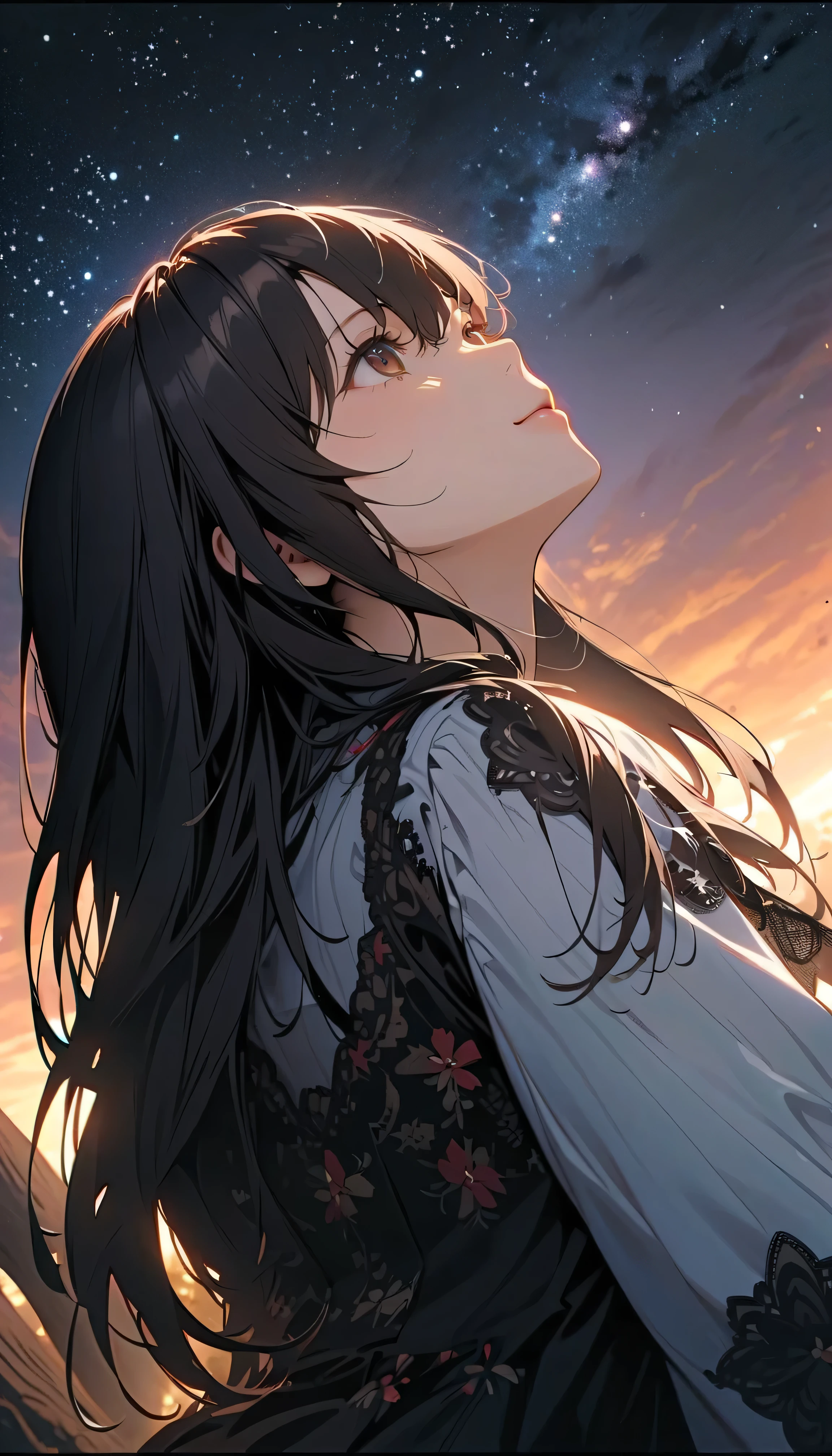 (best quality:1.2, 非常にdetailsな, newest, best quality, Best Aesthetics), 8K Ultra HD, 非常にdetailsな, details, Bold composition, (perfect human structure), beautiful and very delicate texture, delicate and dynamic, romantic and sweet style, concept art style, 非常に複雑なdetails, the contrast between light and dark is clear, Structured, fantastic night, light gradation , Vivid and gentle colors, An old tree, Fantastic starry sky, backlight, One nice girl, 非常にdetailsな目と顔, Dark Eyes, smooth skin texture , shiny skin, kind expression, Girl sitting on a tree branch, smiles, black hair, young, light clothing, 2.5d, realistic, looking up at the sky, angle from below