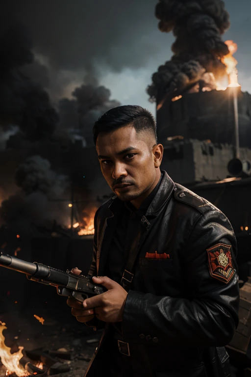 Close-up of a ((extremely handsome male warior)) , half human, half machine, their faces a bit partially obscured by military helmets. Their eyes are filled with hapiness and longing. The background is a trail of blood and violence. He wears a mechanized robot armor, carved with animal elements, human skulls. The sky is filled with swirling, fiery clouds. The photo conveys a strong sense of the warrior's appearance, ((smiling))