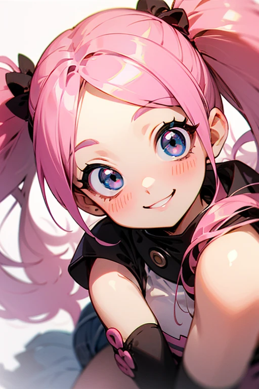 (from above:1.3),solo,(looking at viewer:1.2),((leaning foward:1.3)), Model Pose,close up cute face,pink multicolor curly sideup hair, (tsurime), big forehead, eyelash, punk lady clothing, offshoulder, white camisole, pastel blue miniskirt, fishnet stockings, punk rock image, Sing a song、(diva),(I am the star）、grin