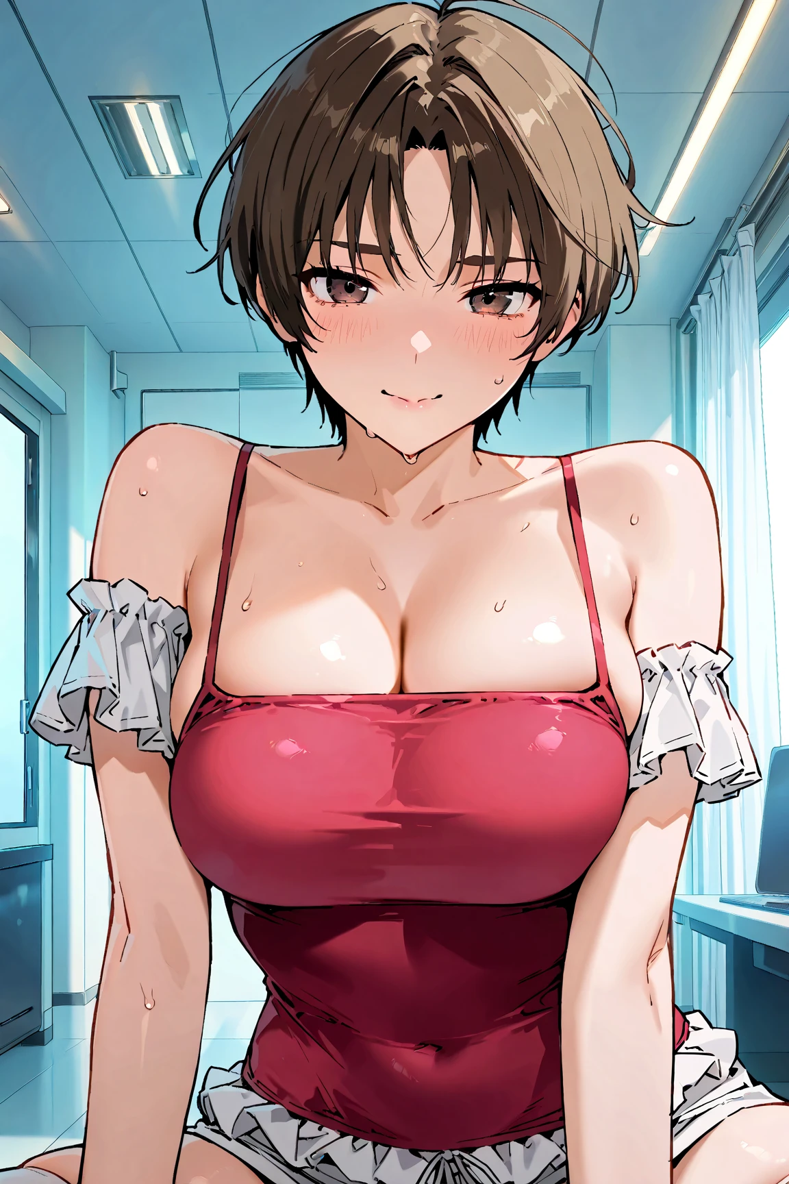 (anime cels style, best quality, high resolution, megami magazine, anime poster style, sharp, photorealistic), (beautiful eyes:1.2), kondou_taeko, Girls und Panzer, 1girl, solo, smile, gray eyes, brown medium hair, hair intakes, red headband, (sagging huge breast:1.5), (wet, Volleyball uniform, sleeveless), (upper body, standing), (perfect detailed ???????, beautiful face, perfect body, perfect arms, shiny skin), sunshine, bluesky, 