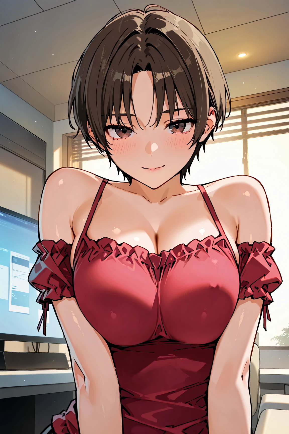 (masterpiece, best quality), intricate details, 1girl, komi shuuko, white shirt, red bra, love hotel, seductive smile, cleavage, sweaty,