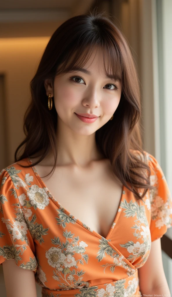 highest quality, masterpiece, High resolution, Photorealistic, RAW Photos, 8k wallpaper, perfection, Professional Lighting, Very detailed, ((One beautiful woman)), 33 years old, Sexy Woman, ((Gorgeous and brightly colored printed dress)), Cleavage, (whole body), (超Detailed face), (超詳細でBeautiful Eyes), Depth of written boundary, On the terrace of a stylish cafe, ((Facing forward)), Standing in an upright position, shapely small breasts, Detailed face, Beautiful Eyes, ((Light brown straight hair)), Short straight hair, Faint lips, ((Look into the viewer's eyes)), Serious expression