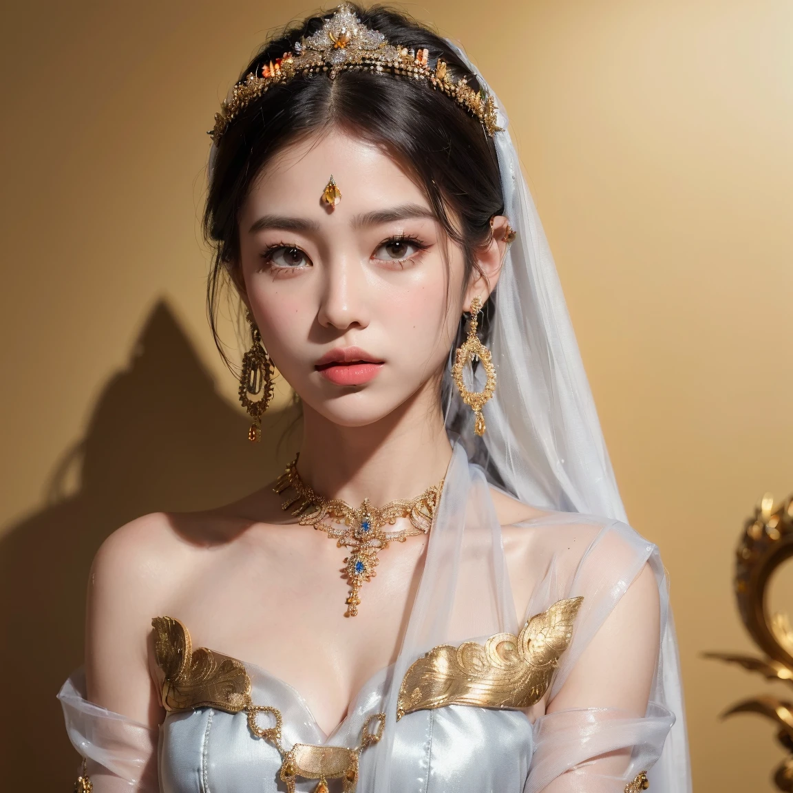 Top Quality, Ultra High Resolution, (Photorealistic: 1.4), Cinema Light, Depth of Field, Beautiful Face, (PureErosFace_V1:0.8), |1 Girl, Fan Bing, Woman in Blue Dress and Gold Jewelry, Fan Bing Fashion, Colossal, White Cloak, Intricate Design, Cathedral Background, Extra Long Wavy Brown Hair, RAW, Beautiful Women, (detailed face), (detailed facial features), (fine detailed skin), pale skin, (masterpiece), perfect proportions, realistic photo, full shot, (body portrait),