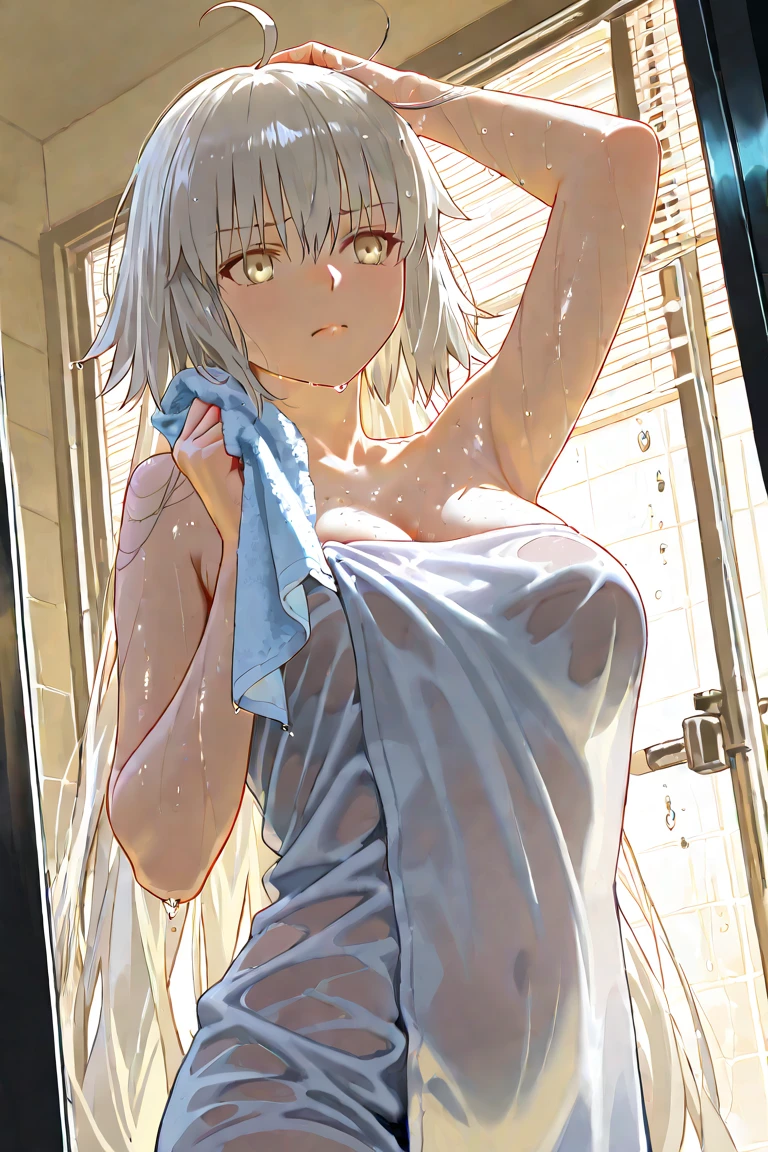 ((masterpiece)), (Highest quality), (Simple style),Silver hair, straight long hair, jade green eyes, completely naked, covered with a towel(Only in front) shower room