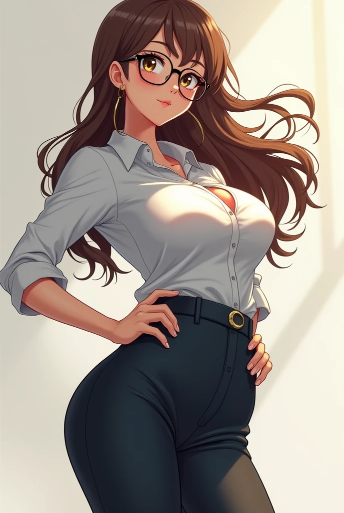 absurdres, high res, ultrasharp, 8K, masterpiece, 1girl, long hair, sensual look, sultry smile, dark brown hair, curvy huge breasts, glasses, secretary outfit, big , sleeveless buttoned-up tan blouse, formal look, beige
pants, see through, no sleeves or cuffs on tan blouse, standing up straight, full body side shot, side shot