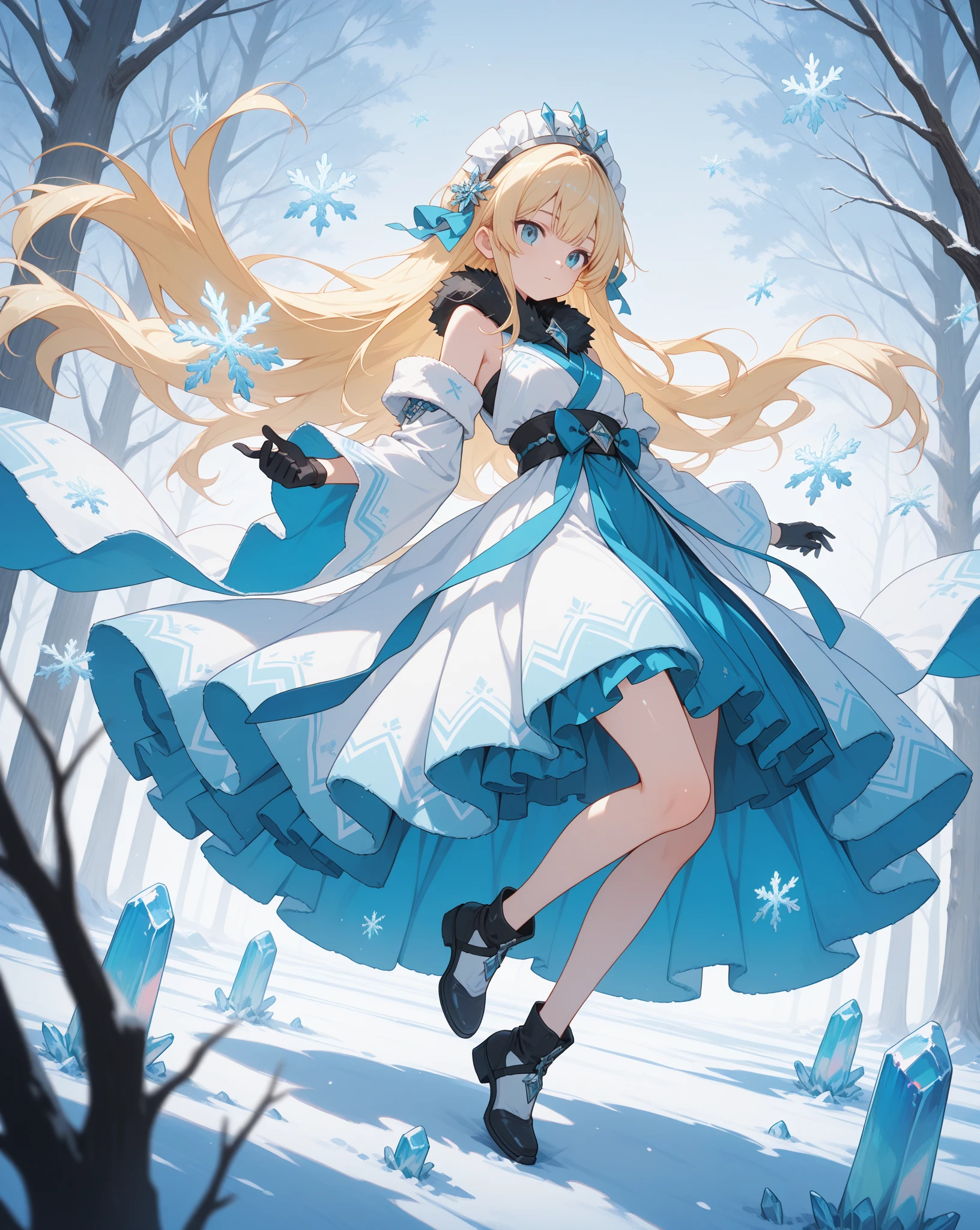 Zarif, ciddi ifade,(Full length view from head to toe), long straight blond hair, patlama, black and white outfit, fur collar,  Complex design , shiny black gloves, shiny crystal, with a slight body tilt, side view, light smooth skin , detailed shading, Clear focus on, blurred snowflakes, cool color palette, blue tones, stunning lighting from top right, soft shadows, intense mysterious atmosphere, cross shooting angle, character in outdoor snowy environment, blurred branches in the foreground {x}, anime art style, clear view on character, works lightly with