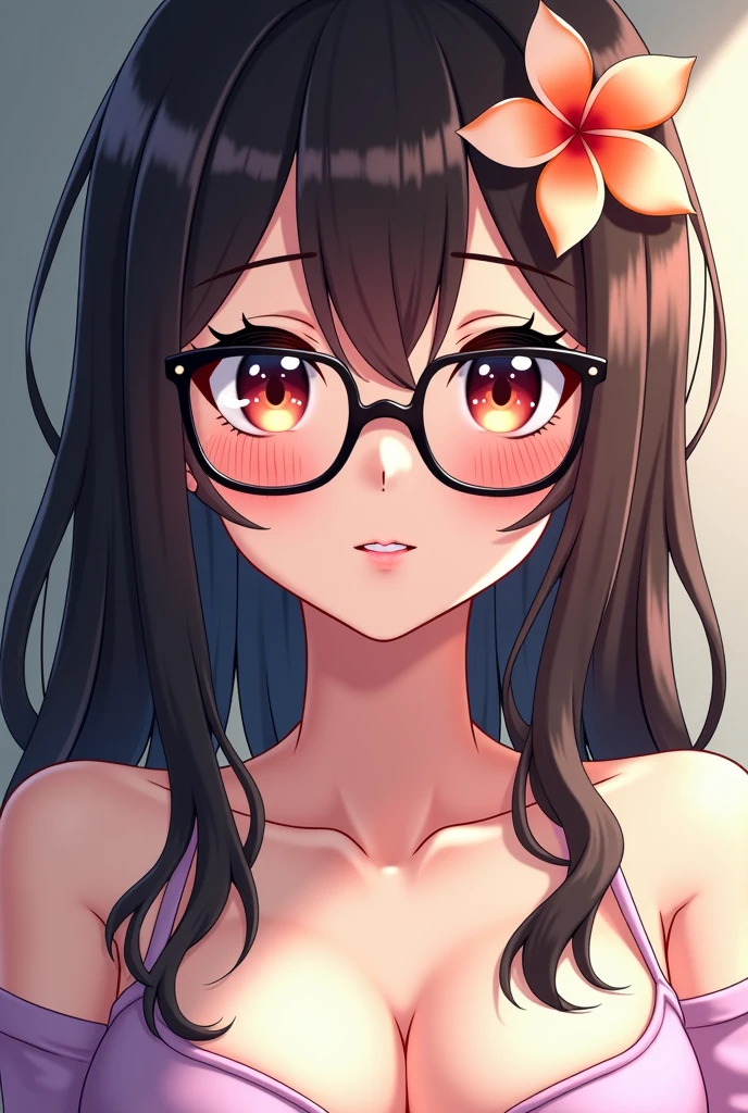 Generate an anime character of a girl with the following traits, light skin long straight hair without bangs and dark brown, brown eyes with round face, who wears secretary glasses, I want her to have a shy and tender attitude but very sexy and provocative, to wear a low-cut top and notice very large breasts. I want her face to be rounder and very sexy. She has to be a little chubby. I want her to be dressed in red.