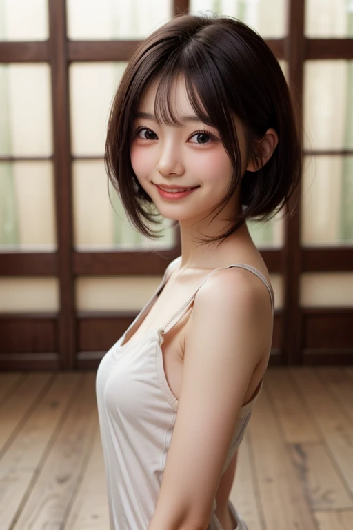 Beautiful girl in one-shoulder tank top, short bob, shy smile