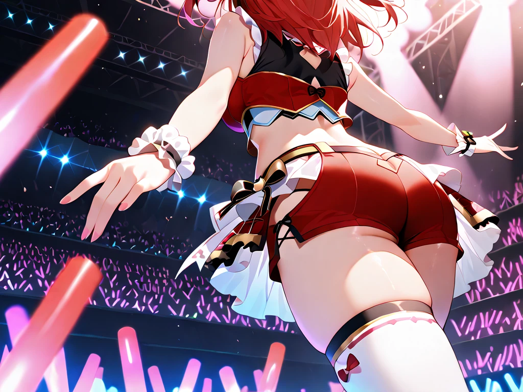 {{{masutepiece}}}, {{{Best Quality}}}, {{Ultra-detailed}}, {Illustration}, {{extremely delicate and beautiful}}, (Best Quality, in 8K, 32K, masutepiece, nffsw:1.2),Photo of cute Japan idol girl, childish、7 years old、of the highest quality, Best Quality, Realistic, Unity, 8K Wallpapers, Official art, highly detailed wallpaper,(1girl in:1.5),(idol costume:1.2), (Sweaty skin:1.3),8age,child,(Big smile:1.3),(Be in the spotlight:1.1),(Stand Microphone:1.5),(sing:1.5),(Very short bob hair:1.3), (Red hair:1.3),earrings,Looking at Viewer,(High detailed skin),Realistic body、long skirt,(Small breasts:1.4),Cute Girl, famous Japan idol,(),(low view),(Lifted skirt:1.1),(Show off panties:1.2),(Open panties:1.2),(White lace panties:1.3),(Sheer panties:1.4),(Looking at Viewer:1.1),(Idol stage :1.5)、Ultra-detailed panties,Ultra-realistic panties、Realistic Man Muscles、Panties that bite into、life-likeオマンコ,dark pink papillae,Sheer Bra、 Showing