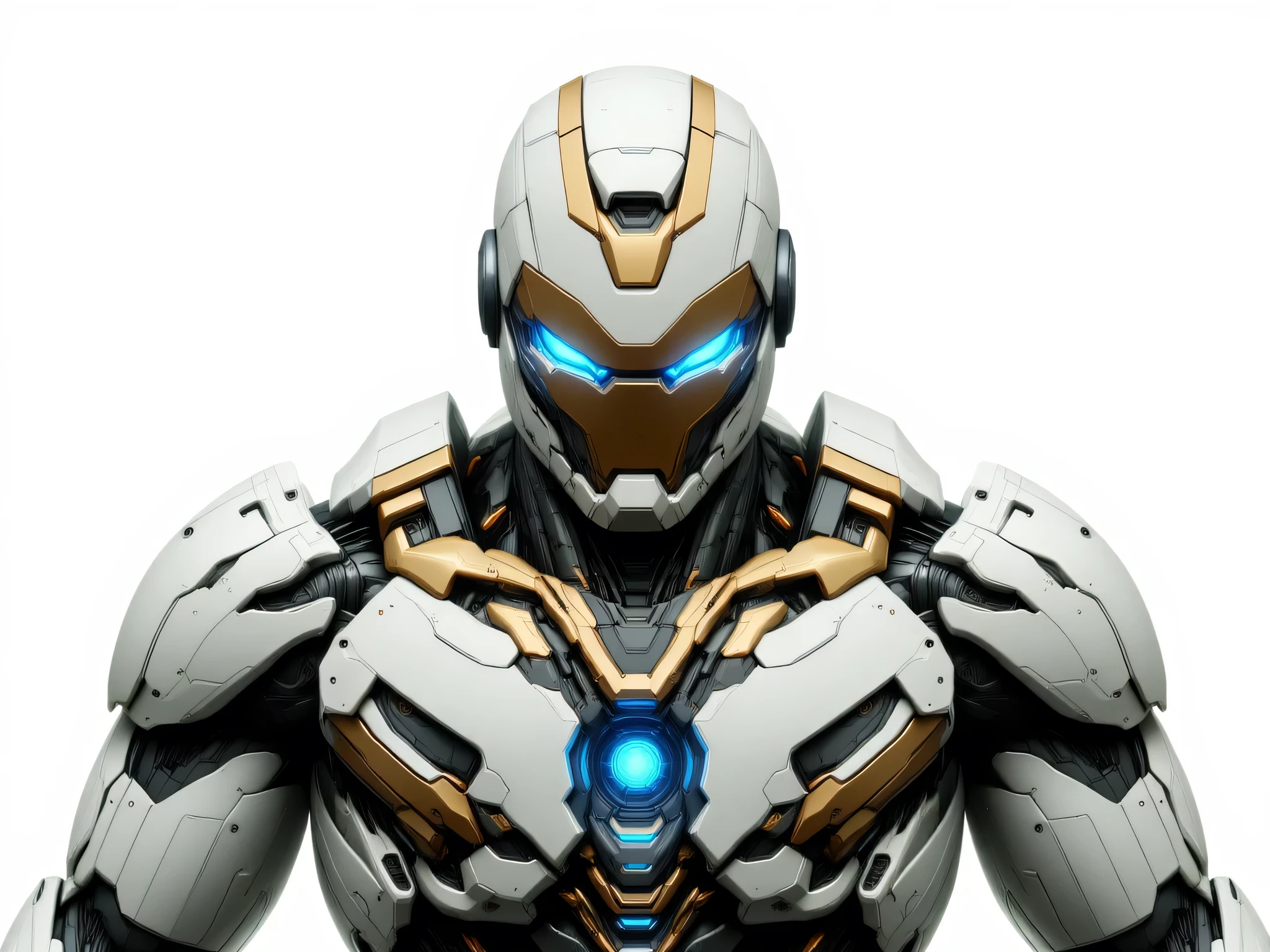A futuristic, highly detailed, realistic sci-fi powered exosuit armor's helmet design, made with sleek titanium-aluminum-carbon fiber material inspired from ironman, helmet colour is white and gold, The helmet is aggressive and sharp, more mechanical, with glowing blue eyes. The overall aesthetic is clean, lightweight, and built for real-world functionality. Ultra-realistic, cinematic lighting, full-body portrait, front view. White background