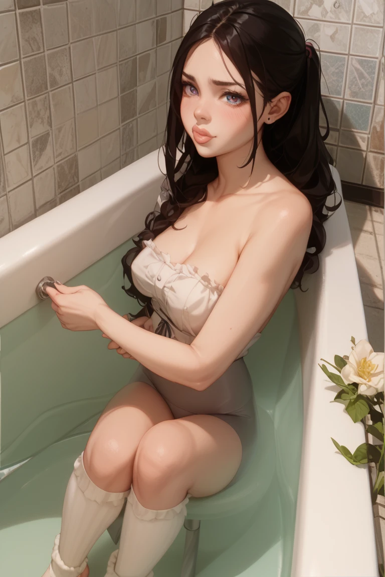 ((aeolian)), 1 girl, beautiful face, green eyes, Princess, small breasts, very long black hair, slim body with long legs, full body view, perfect bare feet, perfect fingers, laying in bath tub, ((naked)), thighs spread wide, bare groin