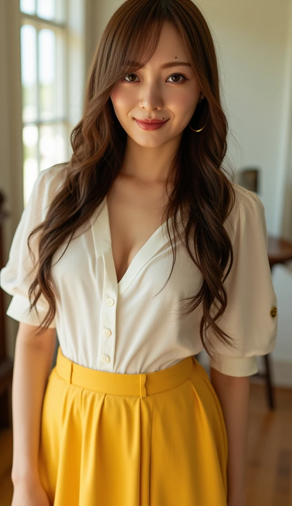 ulzzang -6500-v1.1、(Raw photo:1.2)、(フォトreal)、beautiful details、(real:1.4)、ighly detailed eyes and face、beautiful detailsな目、standing in the office、(超realなパンスト、high heels)、standing cross-legged、huge file size、High resolution、very detailed、highest quality、[masterpiece:1.6]、illustration、very detailed、nffsw、fine details、highest quality、8K wallpaper、cinematography lighting、1 milf、43 years old、perfect body shape、cute sagging eyes、beautiful big eyes、Pieck finger、((muste piece))、highest quality、1 milf、eye shadow、Portrait、((full body shot:1.4))、(very affectionate smile:1.2)、((brown super long hair:1.2))((loose and wavy hair:1.3))((white ruffle blouse_White mini skirt:1.2))((gold necklace_large earrings:1.3))