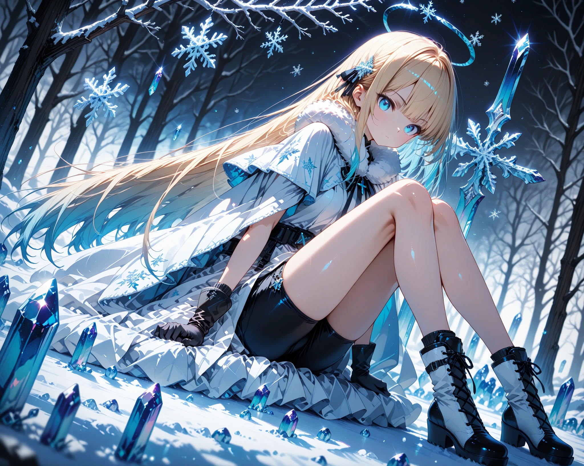 Zarif, ciddi ifade,(Full length look from head to legs), long straight blond hair, patlama, black and white outfit, fur collar,  Complex design , shiny black gloves, shiny crystal, with a slight body tilt, side view, light smooth skin , detailed shading, Clear focus on, blurred snowflakes, cool color palette, blue tones, stunning lighting from top right, soft shadows, intense mysterious atmosphere, cross shooting angle, character in outdoor snowy environment, blurred branches in the foreground {x}, anime art style, clear view on character, works lightly with