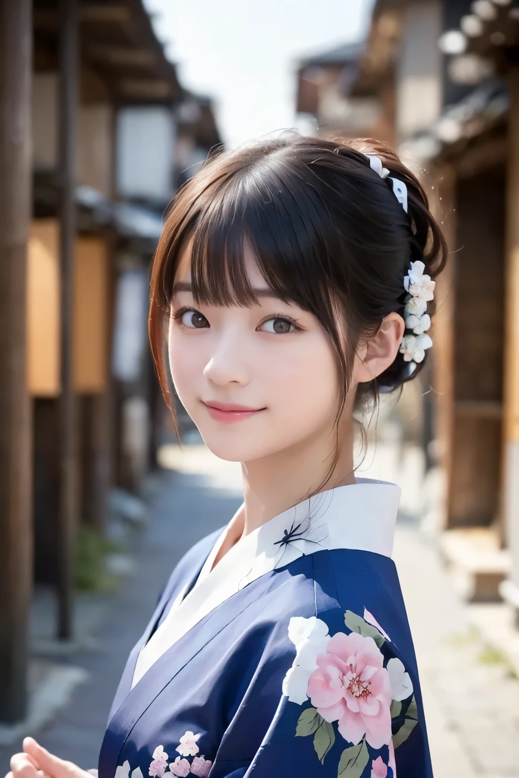 Professional Writing,picturesy, realistic、 8K Ultra HD、 high resolution、( 1 girl on break day:1.uper detailed、high-quality、beautiful and delicate face、 beautiful details and delicate eyes 、 Written Border Depth、 ray tracing, 1 girl on break day, Japanese girl , natural smile , cute,, portrait of a Japanese woman in a beautiful kimono , Standing gracefully on the corner of a street in Kyoto . bright traditional pattern kimono , , gentle expression . (Kyoto old town background:1.4)、The gentle light of a spring afternoon、adds serenity to the scene. Rendered in a realistic , ray tracing, pictures