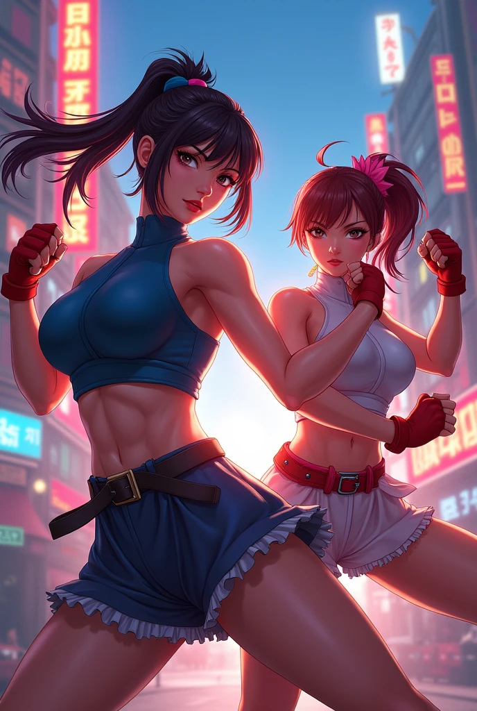 Two cute Japanese female fighters with black hair and shorts cut fighting in a back alley, drenched in sweat. One eye closed, out of breath. Tank tops. Denim shorts. Open finger gloves.