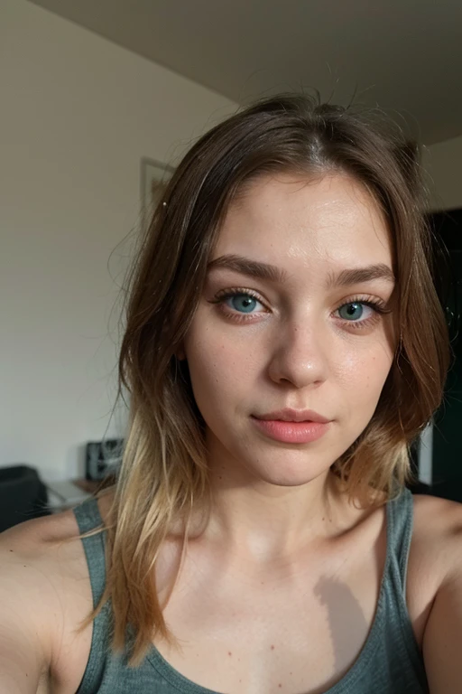 Beautiful American Teen girl face portrait. Perfect face shape. Jawlines. Aggressive nose. Looking at viewer, blue eyes wearing red shirt, selfie photo