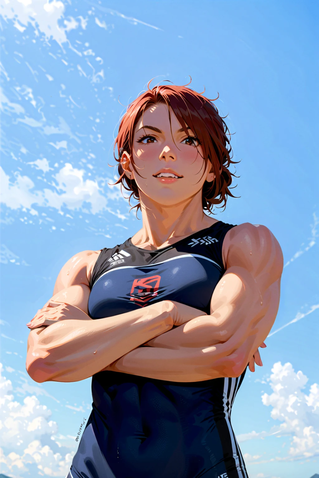 sports top, bike shorts, sweaty, cleavage, medium breasts, light brown hair, brown eyes, two-color eyes, red eyes, smile, lens flare abuse, glowing light, dark skin, square, sky, trees, clouds, bodybuilder, muscular_body, 1gir