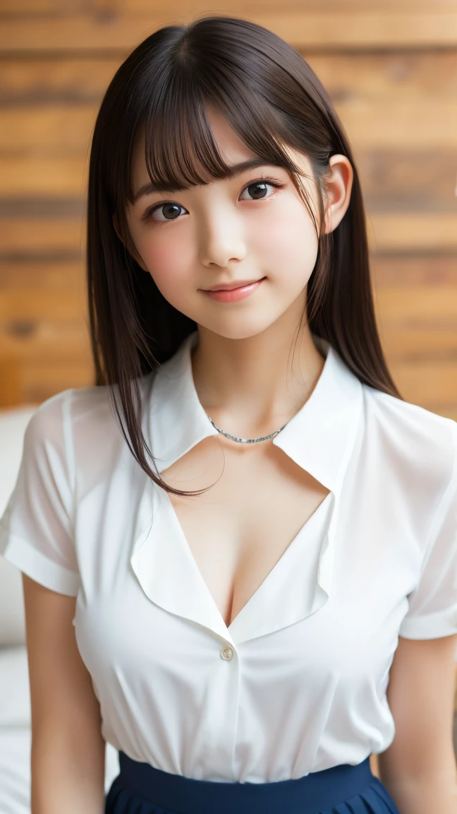 highest quality,Photo quality,Ultra-high resolution,Professional Lighting,,Beautiful face like an actress,(high school student:1.3),Transparent blouse:0.8,Short bangs,Large breasts,