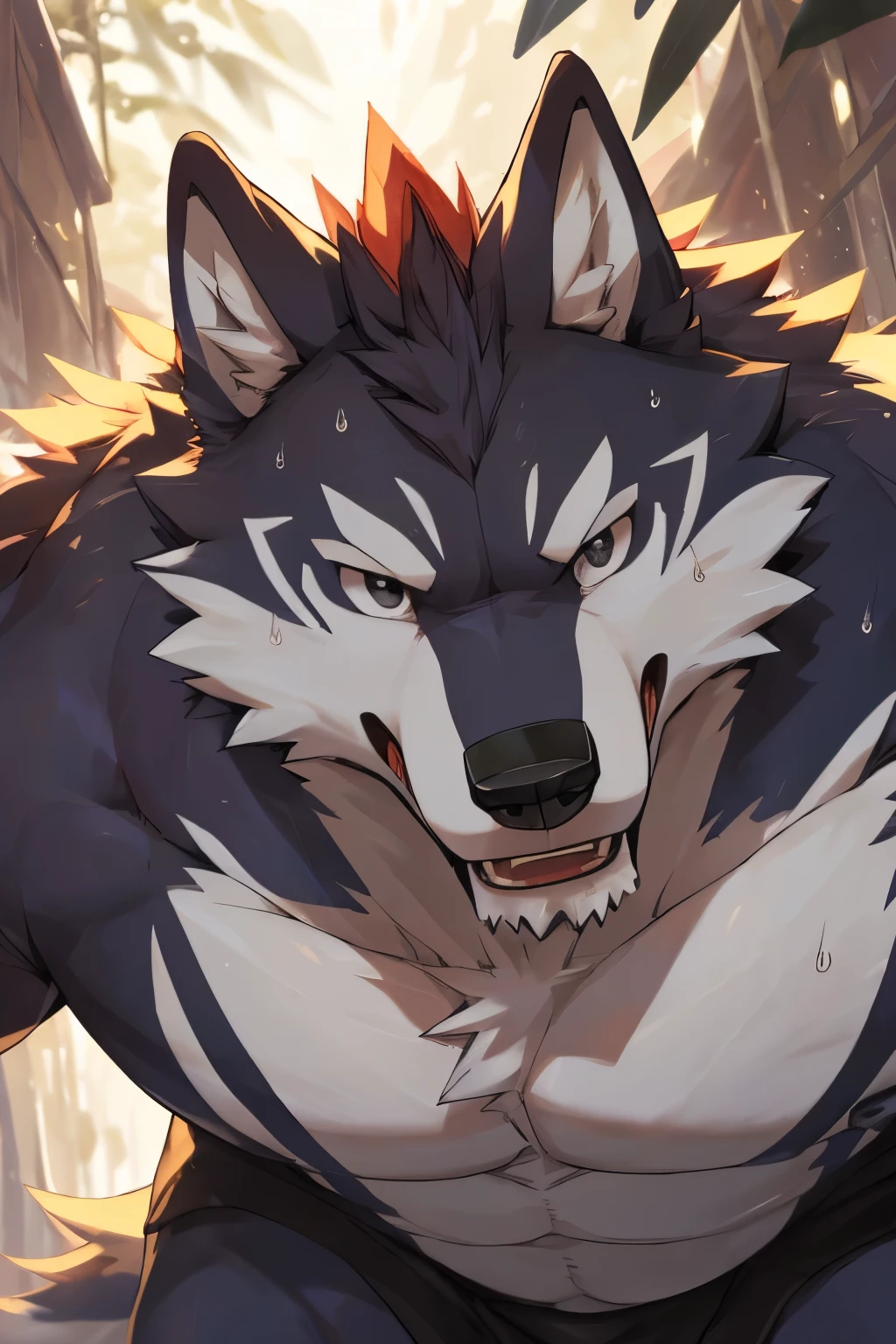 male,25 years old, ((Round Face, Full face ,black eyes, )), ((Endocrine, handsome,Hot Blood)), (don't wear any clothes on their upper body), ((domestic 白Wolf, Wolf,) furry fur, furry), Outside, (high quality, high resolution, masterpiece), ( dynamic lighting, Vivid colors), (), full body photo , cartoon, author:Arashi Takehoto, from Zixiong , author:Chunni, author:Ethereal,(background:), ultra-detailed, sweat, Rough, maturity, strong expression, sharp gaze.white fur,bright environment