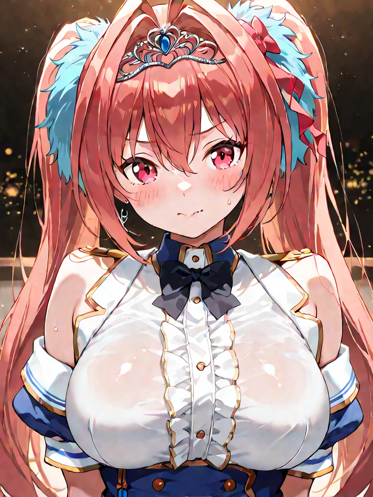 pink hair,  Low twin tails, hair ribbon, hairpin, Blue eyes,, large breasts, live stage, , solo nipple