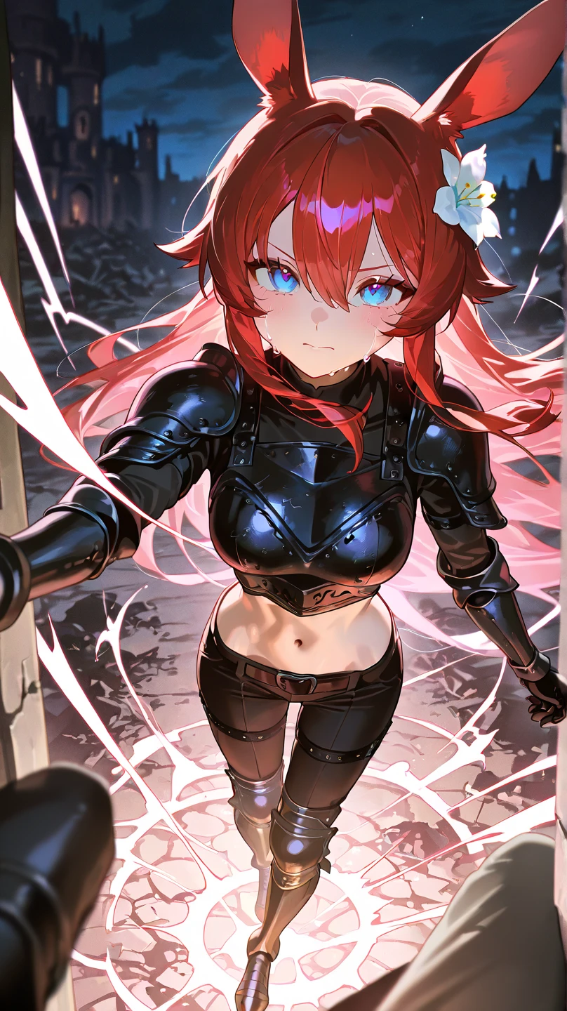 high res, girl, ((wolf)), anthro, exhausted expression, detailed face, sitting with legs spread, red hair, twin tails, (slender), small breasts, lace hooded poncho, lace underwear, furry tail, ((protruding hips bones)), ((protruding ribs)), (thin robot digitigrade legs), ((robot pelvis)), night, snowy city alley