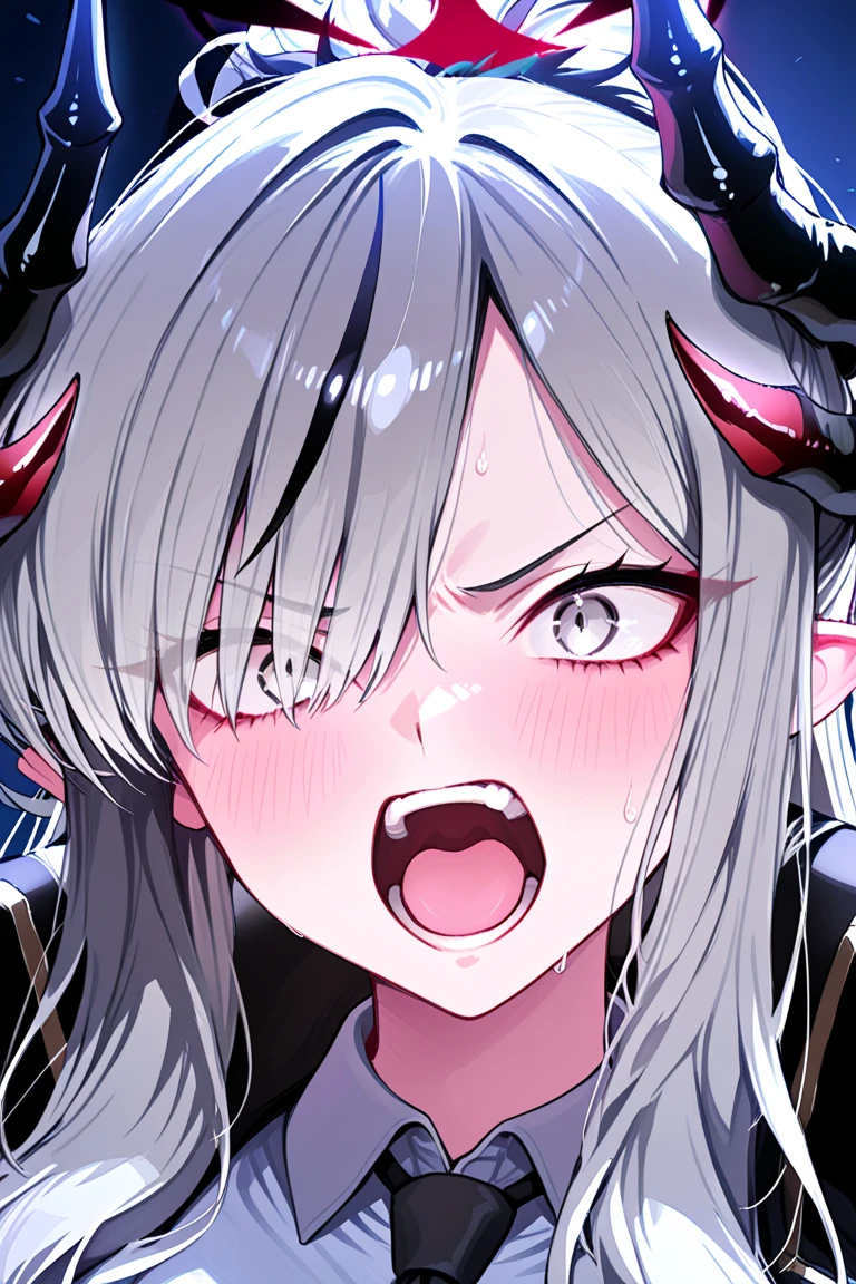 best quality, 8k, 32k, masterpiece, UHD:1.2), highres, ((sharp focus)), beautiful detailed face, delicate details, (cartoon cow girl with her mouth open and teeth showing) , 1girl, solo, pov, no background, ((face close up)), ((looking at viewer)), (head up), not wearing headgear, (((smile))), red gum, (((big teeth))), big mouth, (lighting forward), perfect teeth,((round tip teeth)), uvula, ((saliva)), pink hair