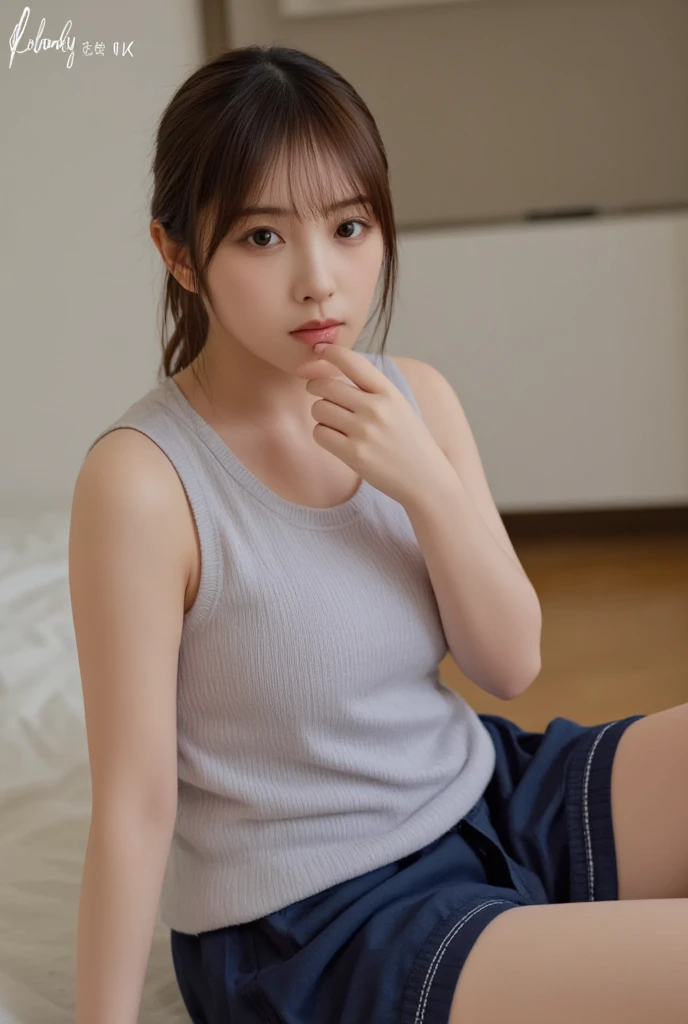 (Highest quality,masterpiece:1.3,Ultra-high resolution),(Very detailed、Caustics) (Realistic:1.4, RAW shooting、)Ultra-Realistic Capture、Very detailed、Natural skin texture、masterpiece、(A Japanese elementary school girl wearing a white shirt with a navy blue ribbon and a pleated skirt:1.3), Adorable expression、Expressions of happiness、10 years old、height: 145cm、Baby Face、Amazingly cute、Curly Hair、Scrunchie、Black Hair、light makeup、(Big Breasts:1.2)、Shining thighs、Background details、smile、An inviting gaze、Anatomically correct、、Attention to detail、(Lying on her back on the sheets in a private room at a sex shop)、(Open your legs wide to the sides:1.2)、White panties are visible、(Tight shirt:1.3)、(Erect nipples:1.2)、(Flip up the skirt:1.2)、(No sleeve:1.2)