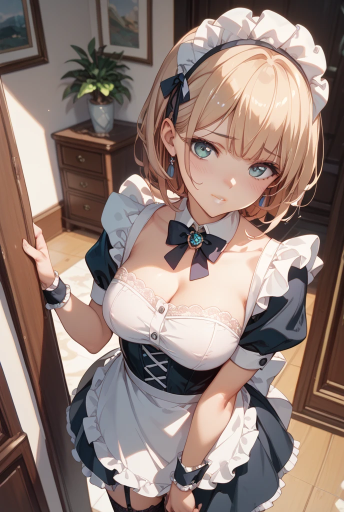 masterpiece, best quality, highres, perfect pixel, depth of field, 1girl, single, solo, beautiful anime girl, beautiful artstyle, (beautiful eyes), (detailed face), (blush), anime CG style, (medium breasts), good lighting, perfect body, lips parted, (sakura kinomoto), glossy lips, (maid), cleavage, high heels